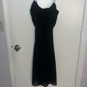 Betsy and Adam wedding guest dress. Black midi dress